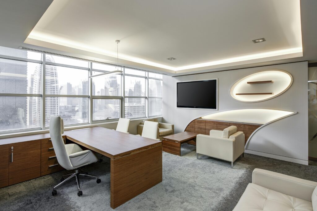 office sitting room executive sitting 37347 Sleek office space featuring contemporary furniture and city skyline views, ideal for professionals.